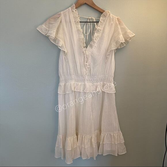 NWT Rebecca Taylor White Gold Ruffle Short Sleeve Fit Flare Mini Dress Large - Picture 13 of 14